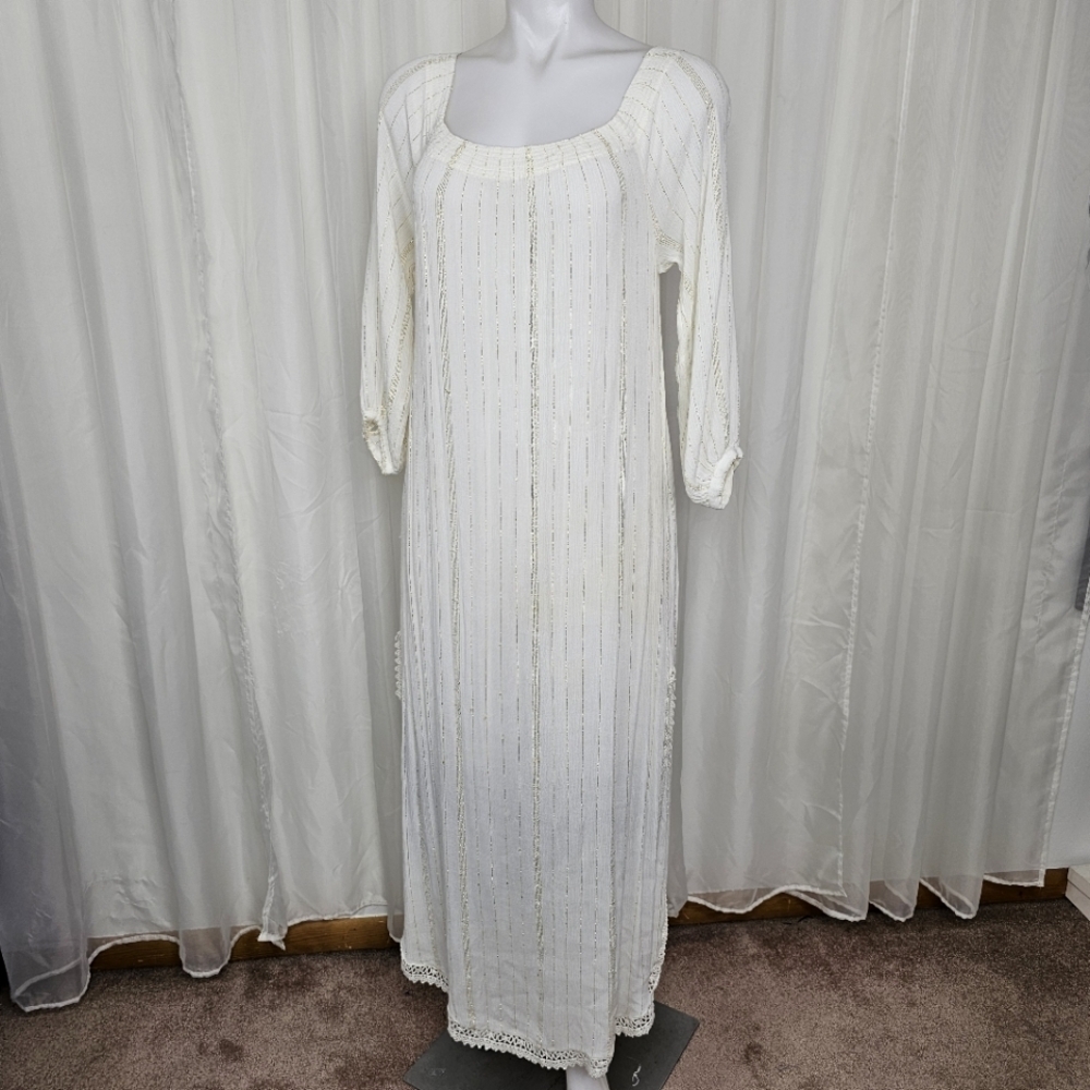 Muche Et Muchette Cottagecore White Gold Stripe Cover Up Dress Off Shoulder Lace